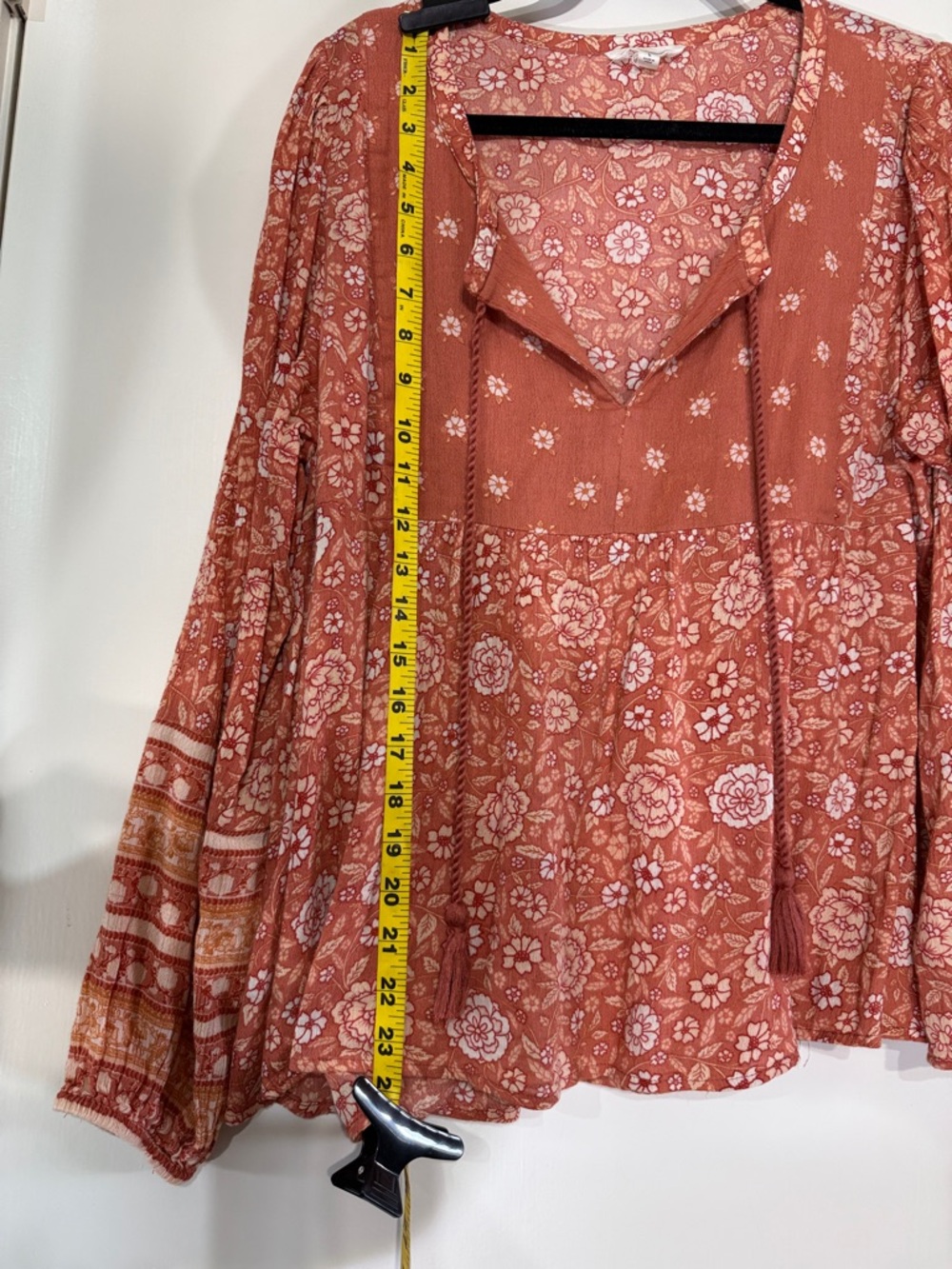 Lucky Brand Peachy Rust Floral Peasant Tunic with Tassel Ties Size L - Picture 5 of 6